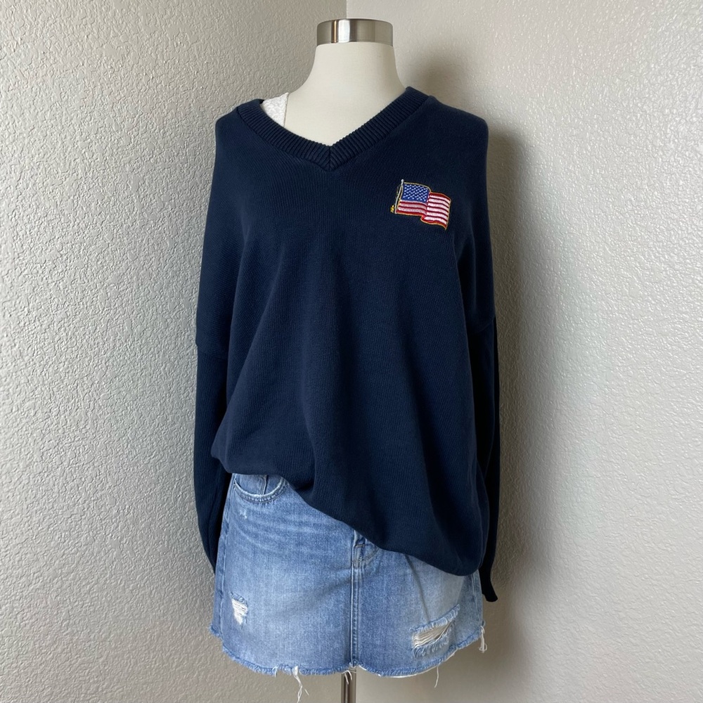 VINTAGE Andrew Rohan Oversized Navy American Flag Embroidered Knit Sweater